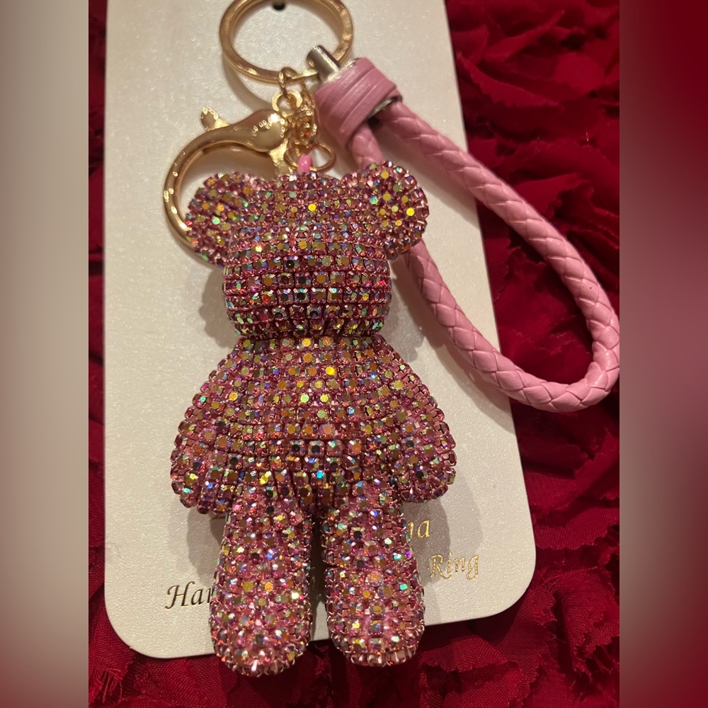 Natasha Couture Pink Crystal Bear Keychain with Gold Details - Picture 3 of 5